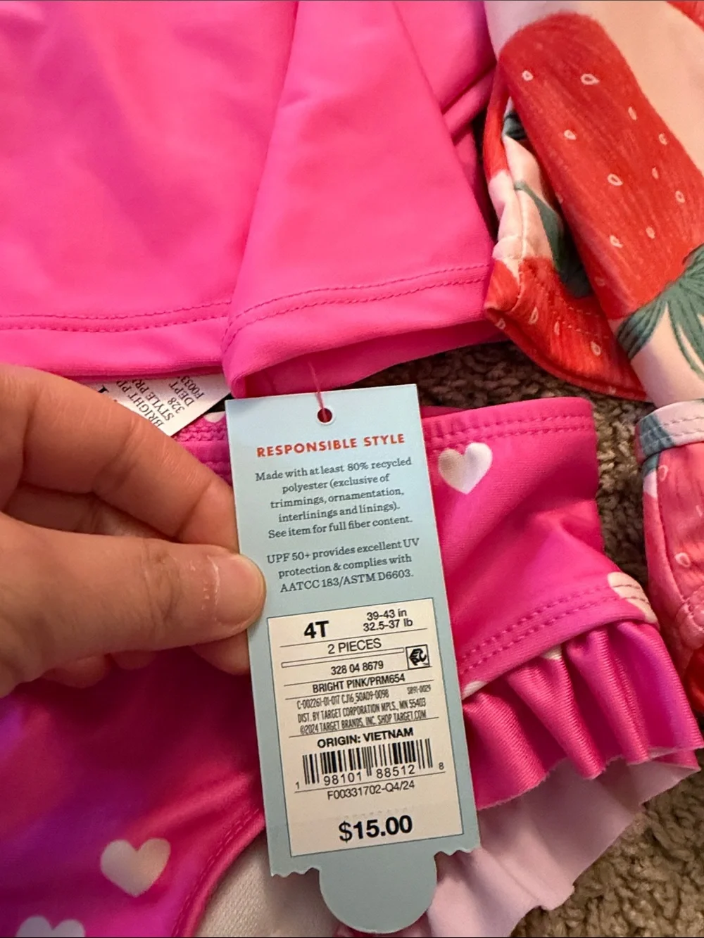 Cat & Jack Girls Pink Heart Rashguard Set and Strawberry Print Two-Piece Swim